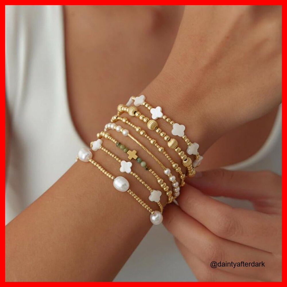 Gold Plated Beaded Stretch Stackable Bracelets Se… - image 3